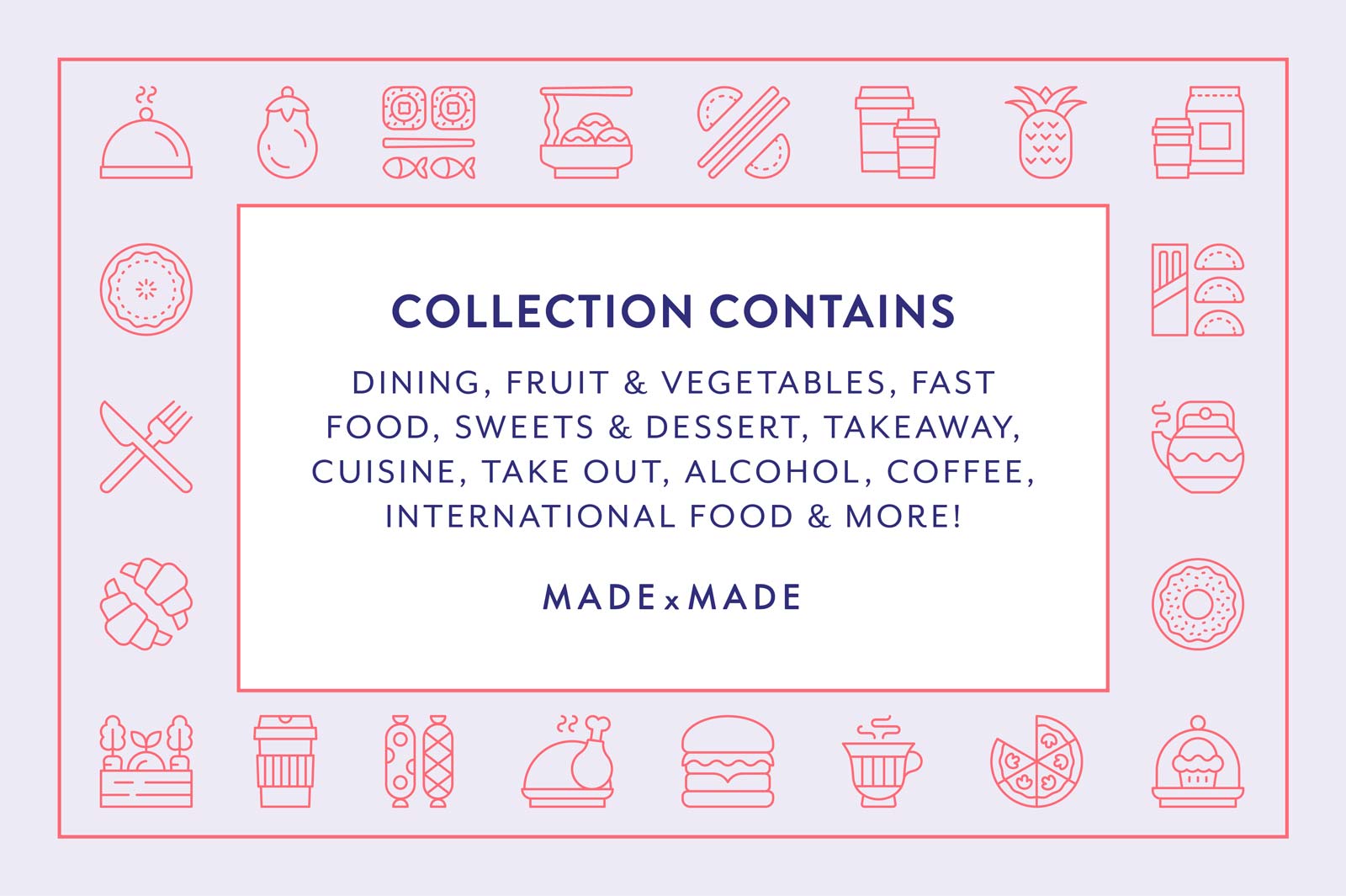 made x made icons food & drink cover – consistent icons for fast food, takeaway, coffee, alcohol, cuisine, breakfast, lunch, dinner - collection contains