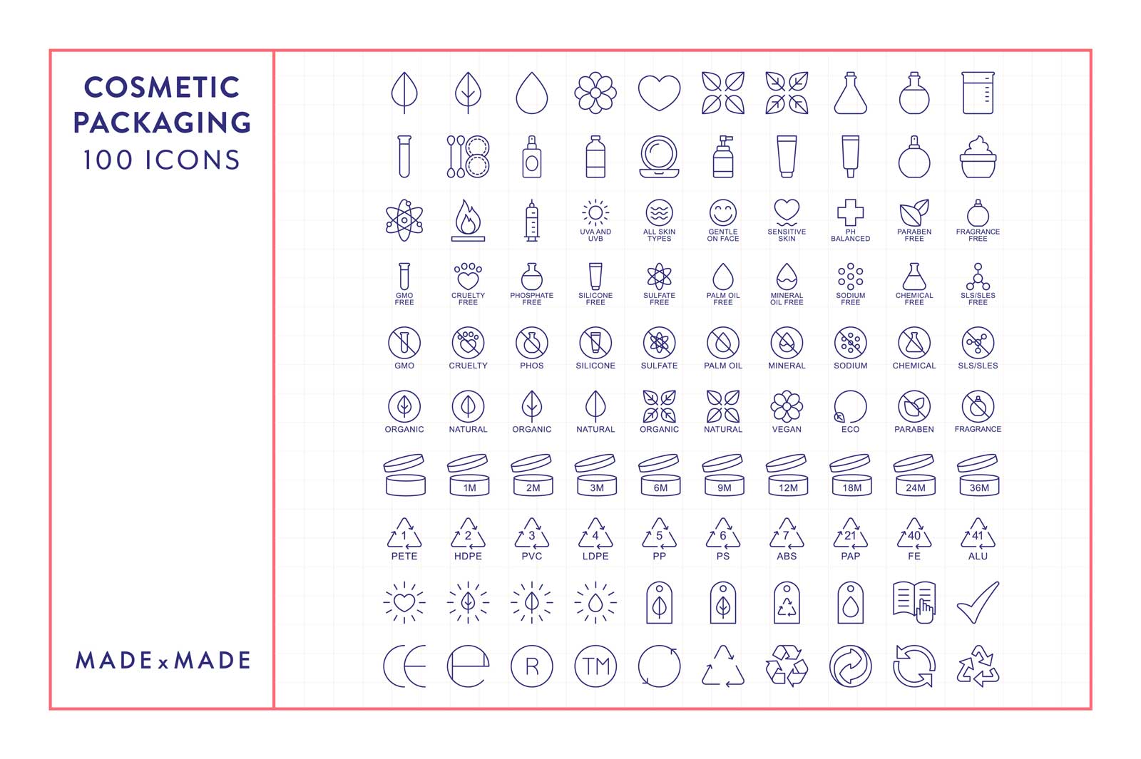 made x made icons cosmetic packaging, collection overview – consistent icons and symbols for beauty, packaging, industry standards, recycling, use by, and free from, natural, organic