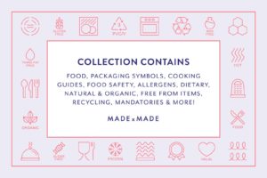 made x made icons food packaging – collection contains – downloadable icons and symbols for food, ingredients, food grade, cooking instructions, food safety, allergens, diets, natural, organic, recycling, free from, mandatories