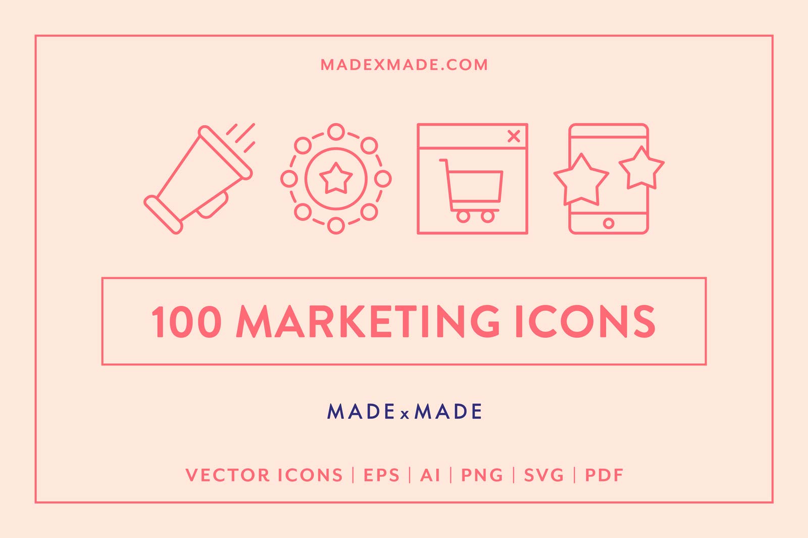 made x made icons marketing cover – consistent icons for business, advertising, commerce, media, communications, SEO, strategy