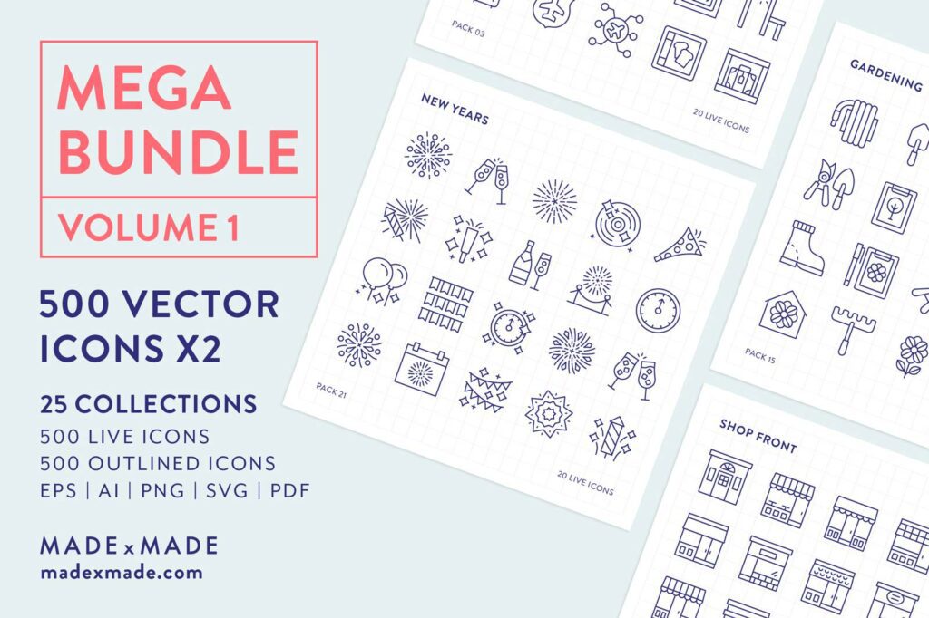 made x made icons mega pack vol 1 – 500 consistent vector icons from 25 popular collections