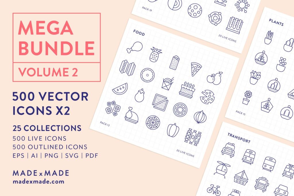 made x made icons mega pack vol 2 – 500 consistent vector icons from 25 popular collections