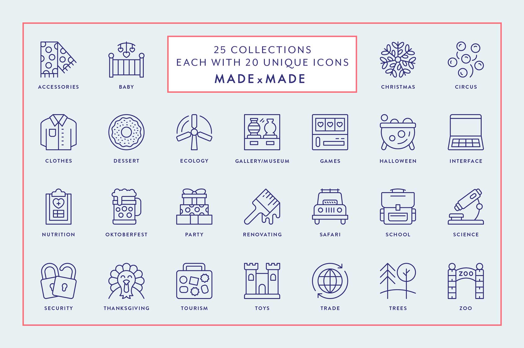 made x made icons – Mega Bundle Vol 5 – A consistent icon package of downloadable icons and symbols for 25 popular collections - collection overview