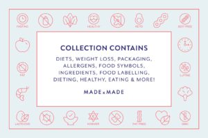made x made icons diet cover – downloadable icons and symbols for food, food packaging, food labeling, food symbols, allergens, nutrition, ingredients, health, free from - collection contains