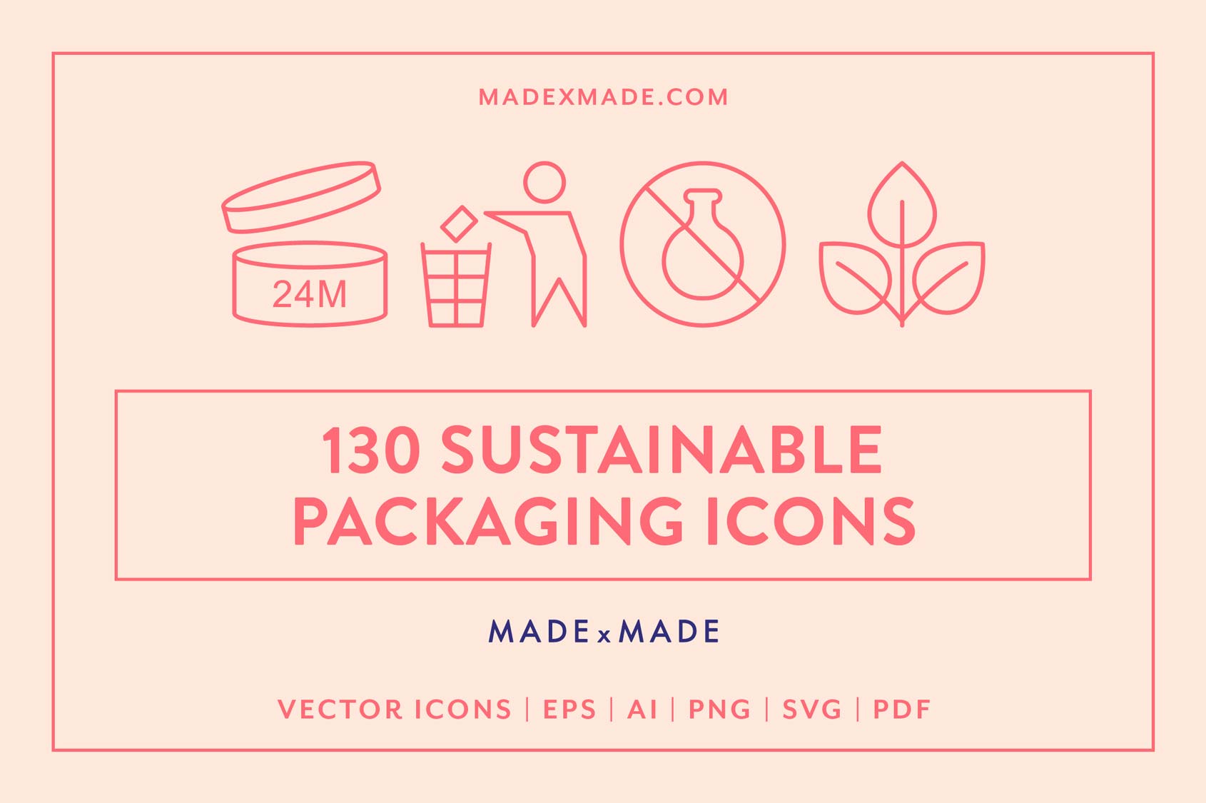 made x made icons sustainable packaging cover – consistent icons and symbols for eco-packaging, biodegradable, natural, vegan, plant based, organic, reusable, free from, recycling, mandatories