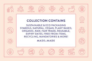 made x made icons sustainable packaging contains – consistent icons and symbols for eco-packaging, biodegradable, natural, vegan, plant based, organic, reusable, free from, recycling, mandatories