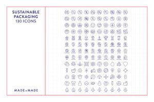 made x made icons sustainable packaging – consistent icons and symbols for eco-packaging, biodegradable, natural, vegan, plant based, organic, reusable, free from, recycling, mandatories – collection overview