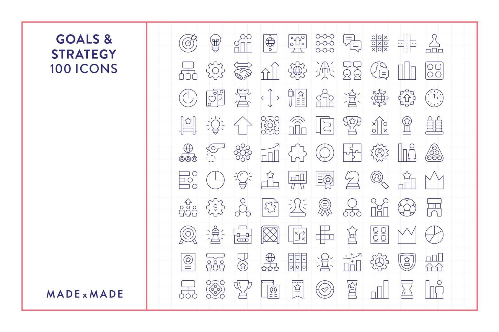 made x made icons goals & strategy cover – consistent icons for success, logic, business, graphs, reports, ideas, innovation, growth, targets, communication - collection sample of 100 icons
