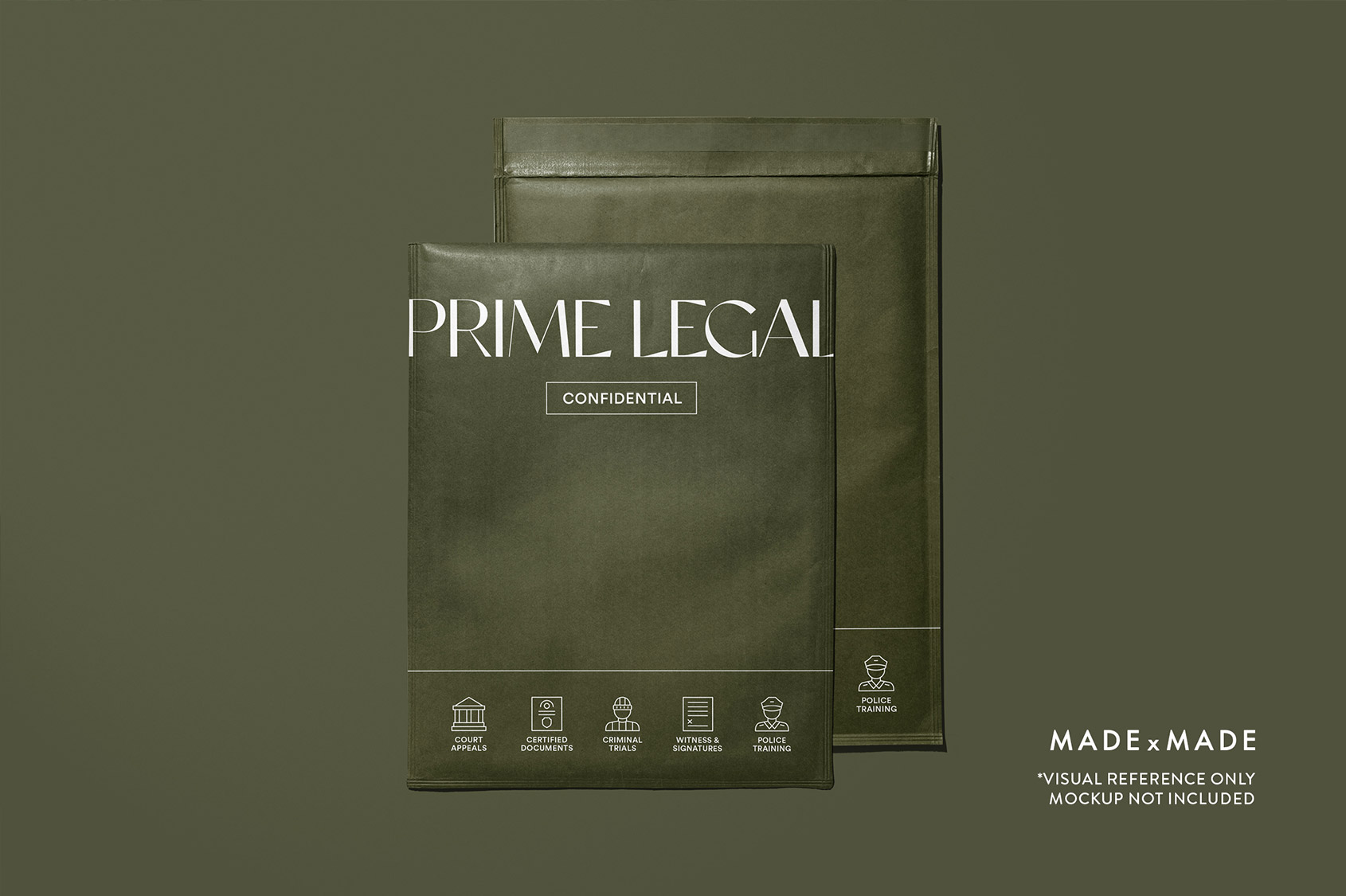 made x made icons legal – Mockup of A4 postage envelopes with Prime Legal branding and icon examples of court, criminal, paperwork and police