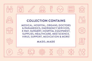 made x made icons medical cover – consistent icons for healthcare, medication, hospitals, doctors, emergency services, med-science, pandemics - collection contains