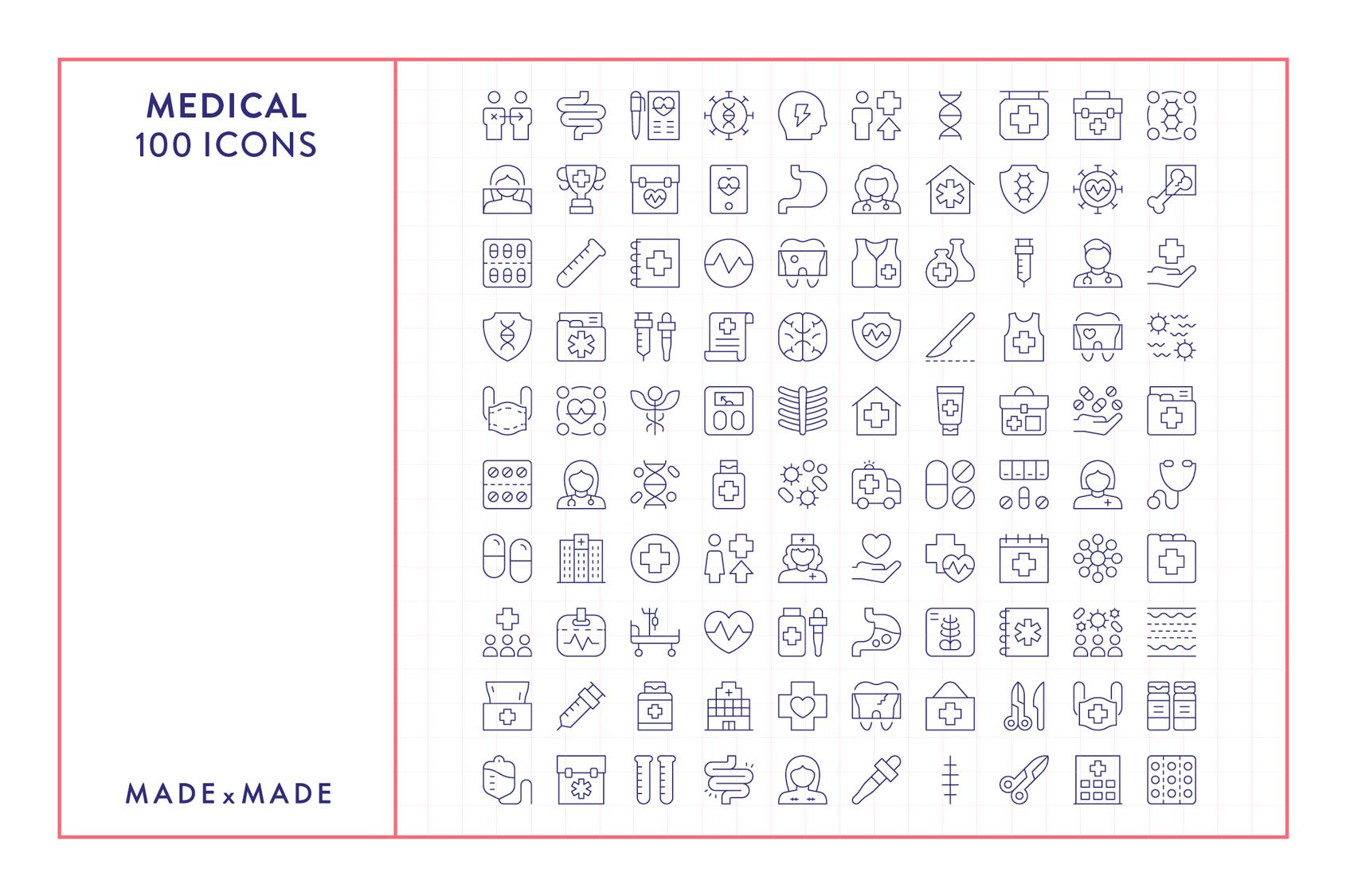 made x made icons medical cover – consistent icons for healthcare, medication, hospitals, doctors, emergency services, med-science, pandemics - 100 icon samples