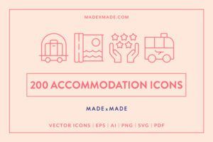 made x made icons accommodation cover - icons for hotels, motels, amenities, resorts, hospitality, food and drink, service, travel, vacation